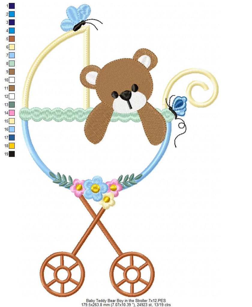 Baby Teddy Bear Girl and Boy in the Stroller - Applique - Set of 2 designs