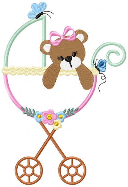 Baby Teddy Bear Girl in the Stroller - Applique Embroidery