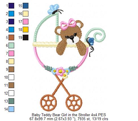 Baby Teddy Bear Girl in the Stroller - Applique Embroidery