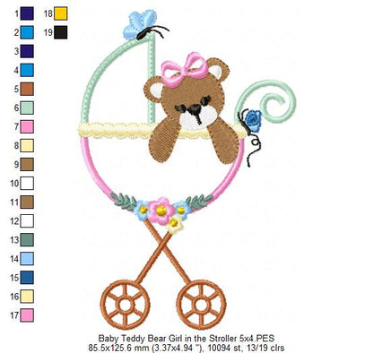 Baby Teddy Bear Girl in the Stroller - Applique Embroidery