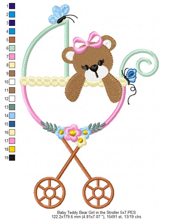 Baby Teddy Bear Girl in the Stroller - Applique Embroidery
