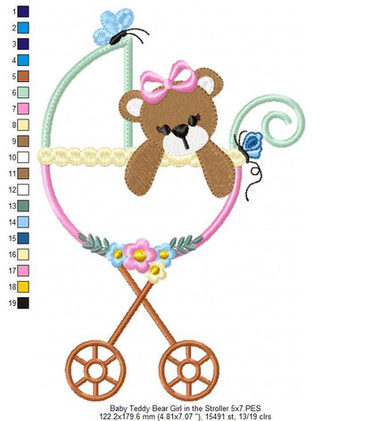 Baby Teddy Bear Girl in the Stroller - Applique Embroidery