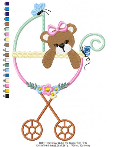 Baby Teddy Bear Girl in the Stroller - Applique Embroidery