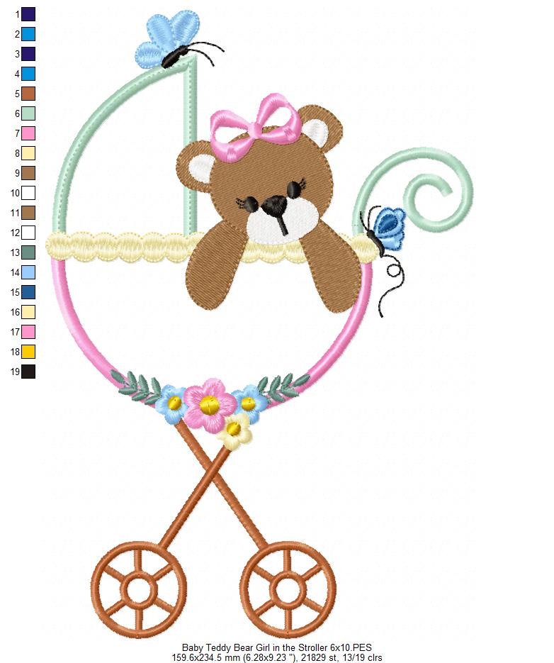 Baby Teddy Bear Girl in the Stroller - Applique Embroidery