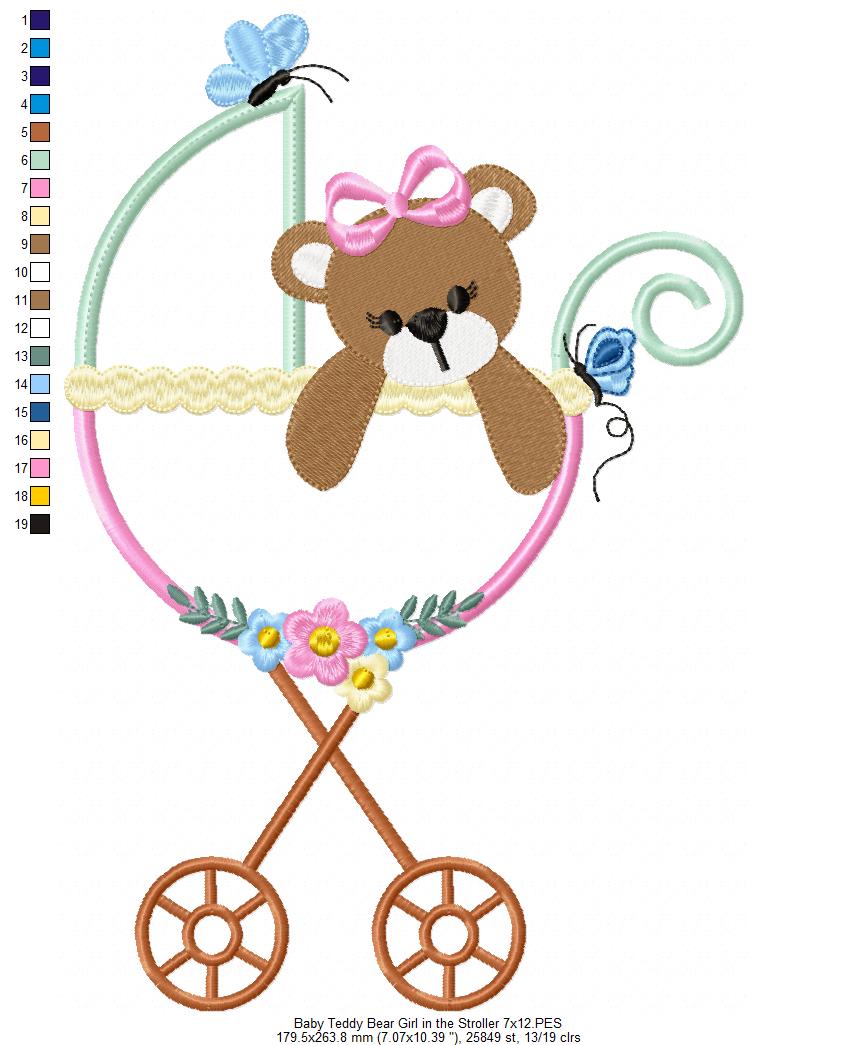 Baby Teddy Bear Girl in the Stroller - Applique Embroidery