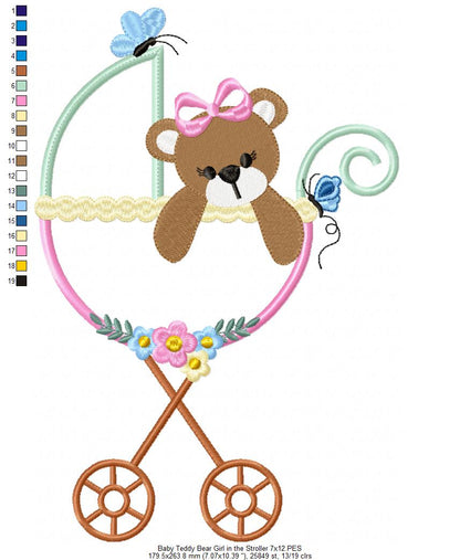Baby Teddy Bear Girl in the Stroller - Applique Embroidery