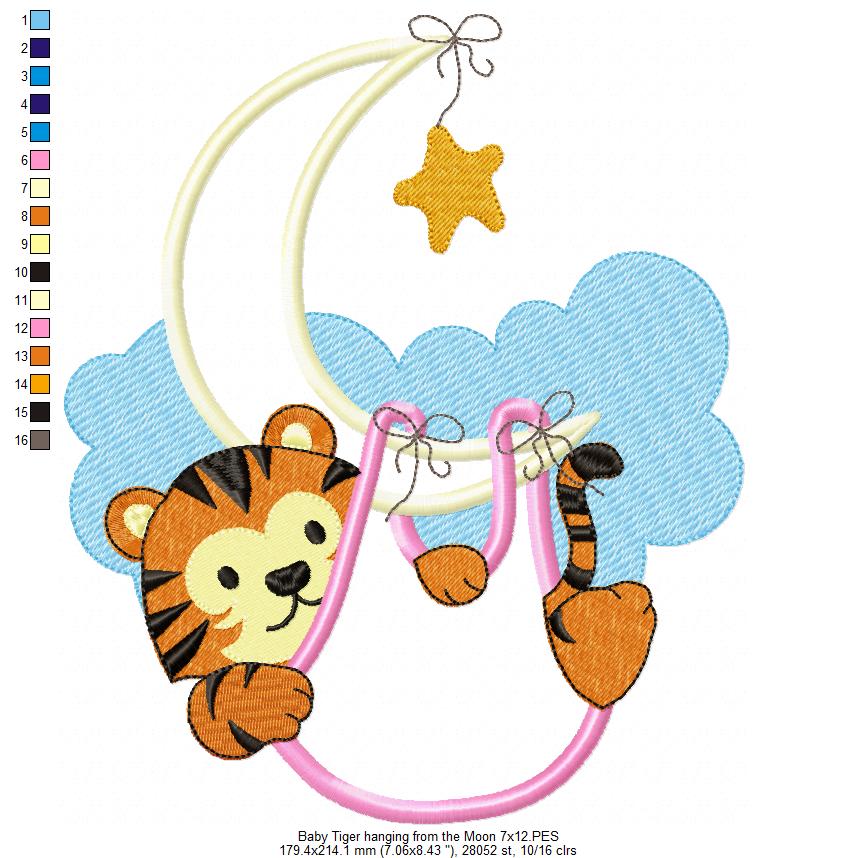 Baby Tiger Hanging from the Moon - Applique - Machine Embroidery Design