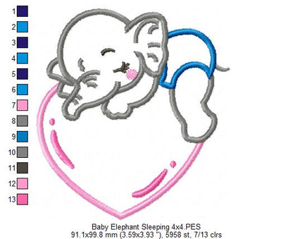 Baby Elephant Boy Sleeping - Applique - Machine Embroidery Design