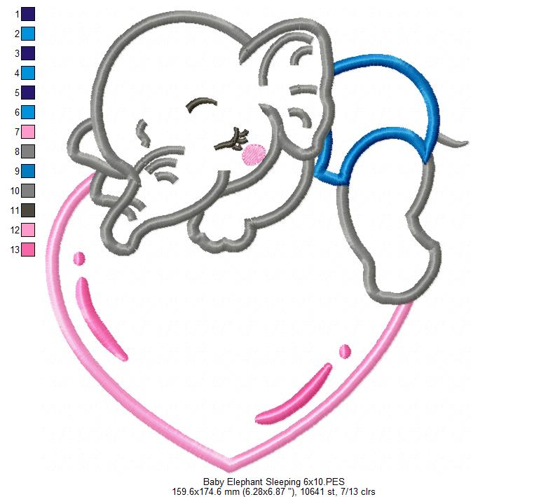 Baby Elephant Boy Sleeping - Applique - Machine Embroidery Design