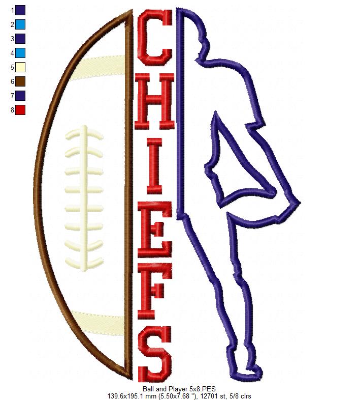 Football Chiefs Player and Ball - Applique - Machine Embroidery Design