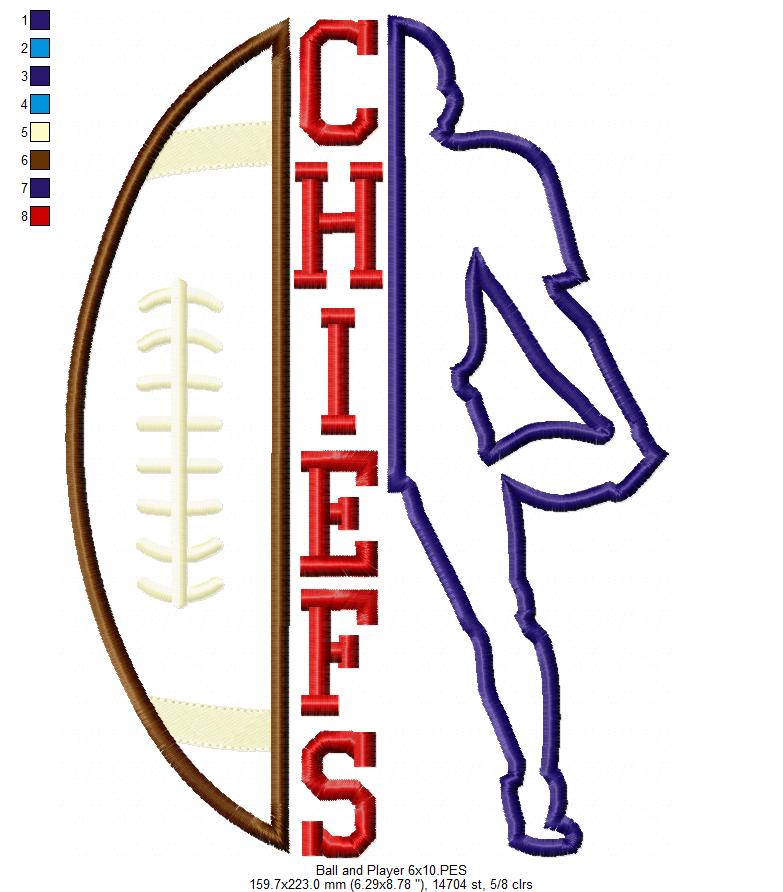 Football Chiefs Player and Ball - Applique - Machine Embroidery Design