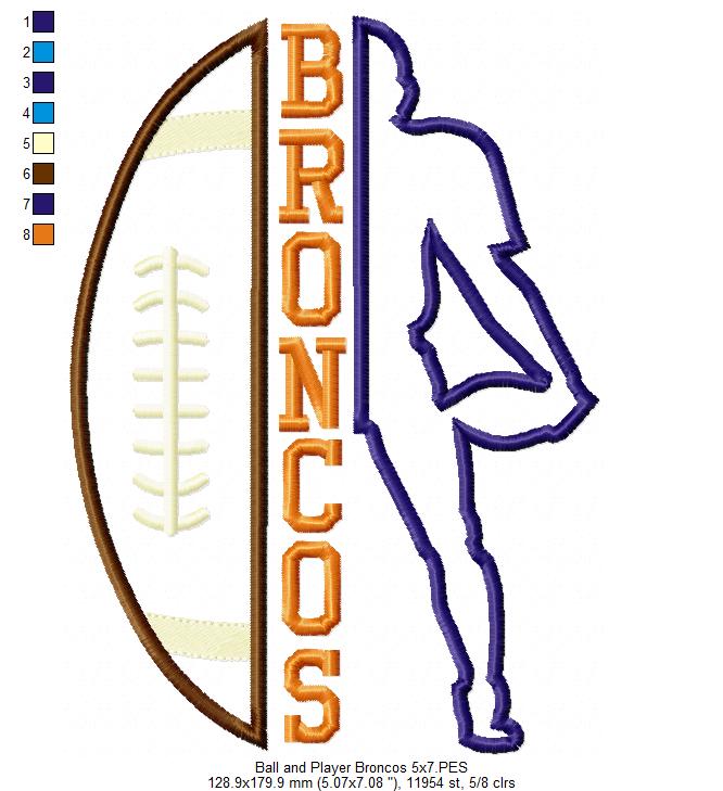 Football Broncos Player and Ball - Applique