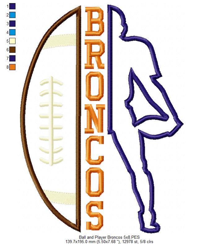 Broncos Football Player – Appliqué – Machine Embroidery Design