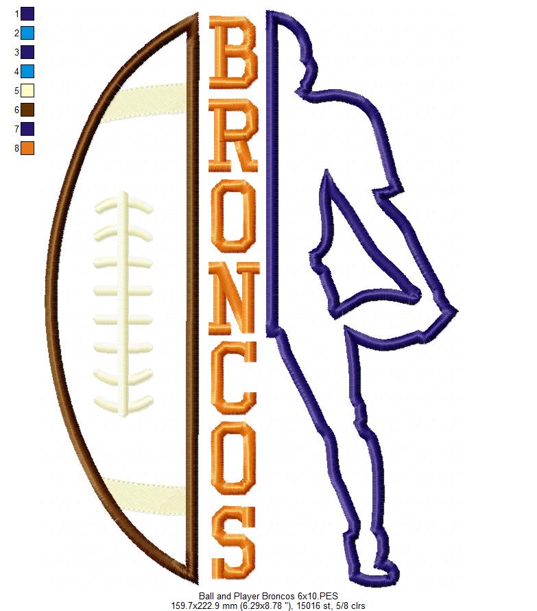Broncos Football Player – Appliqué – Machine Embroidery Design