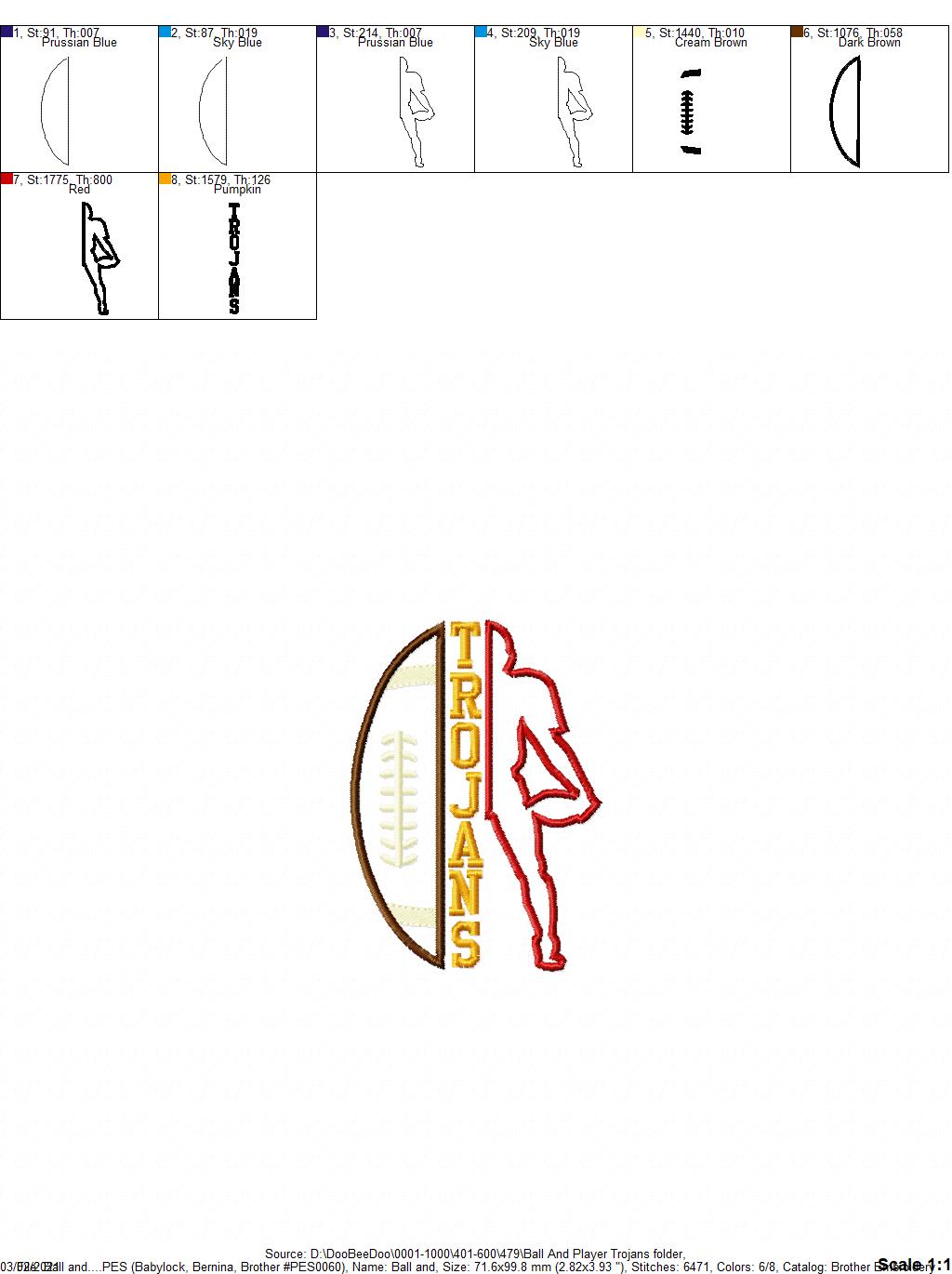 Trojans Football Player Silhouette – Appliqué – Machine Embroidery Design