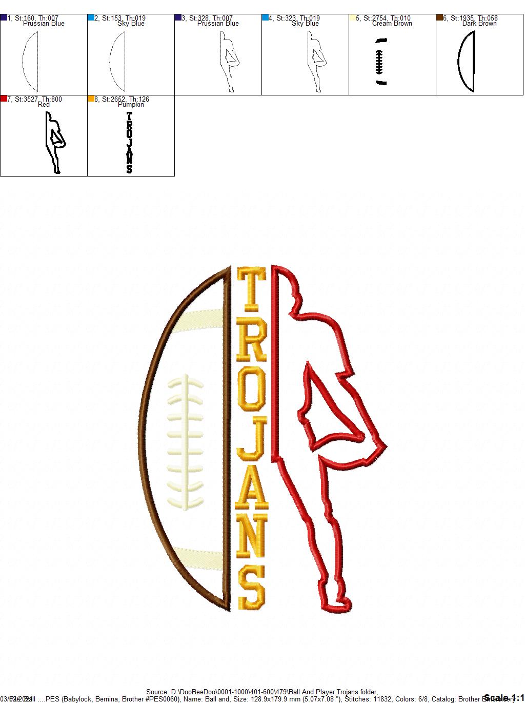 Trojans Football Player Silhouette – Appliqué – Machine Embroidery Design