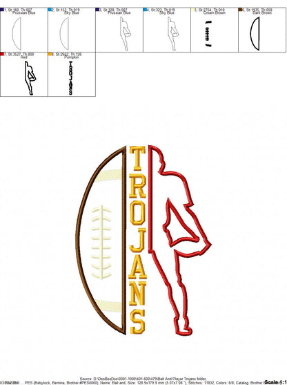 Trojans Football Player Silhouette – Appliqué – Machine Embroidery Design