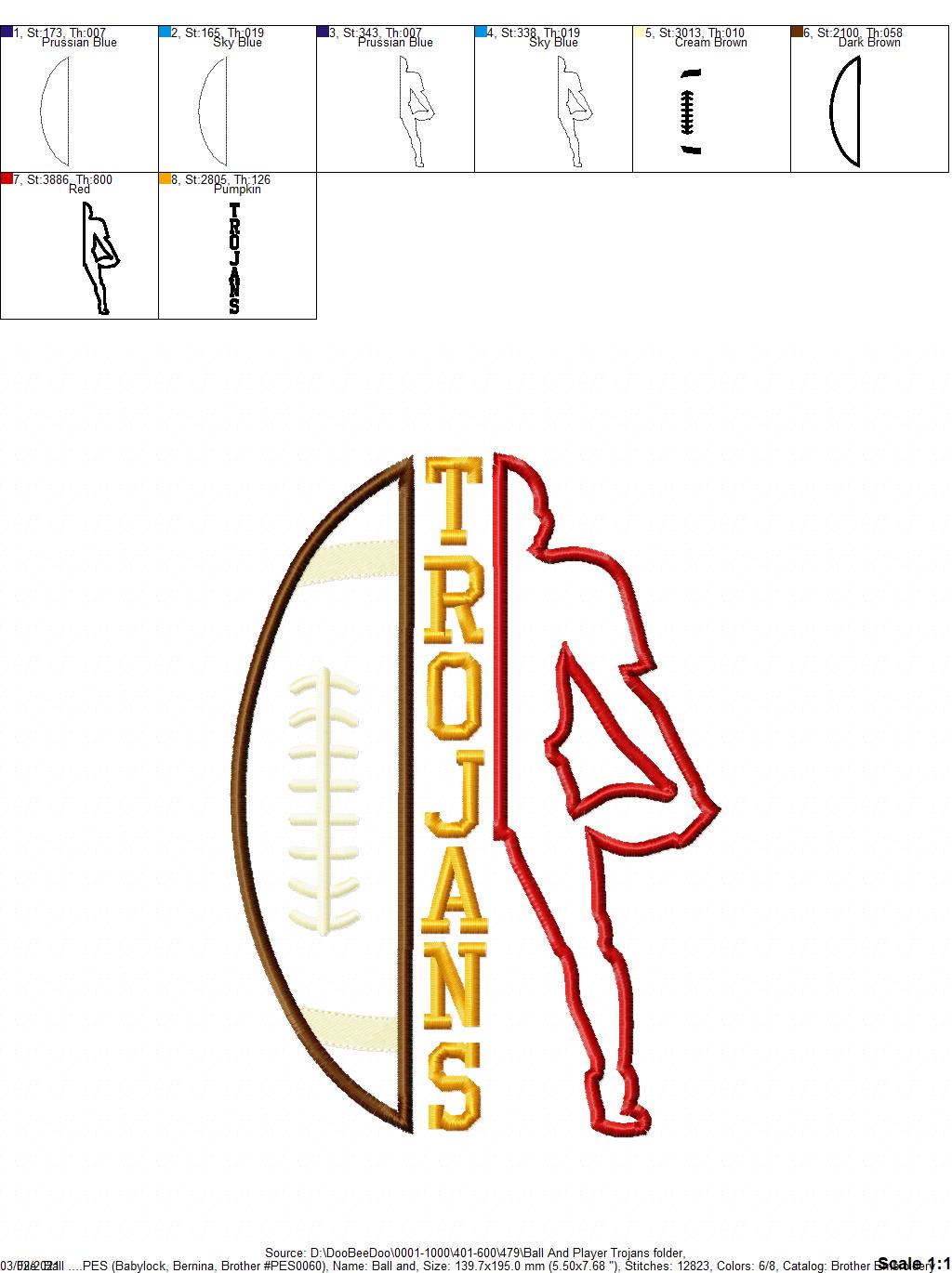 Trojans Football Player Silhouette – Appliqué – Machine Embroidery Design