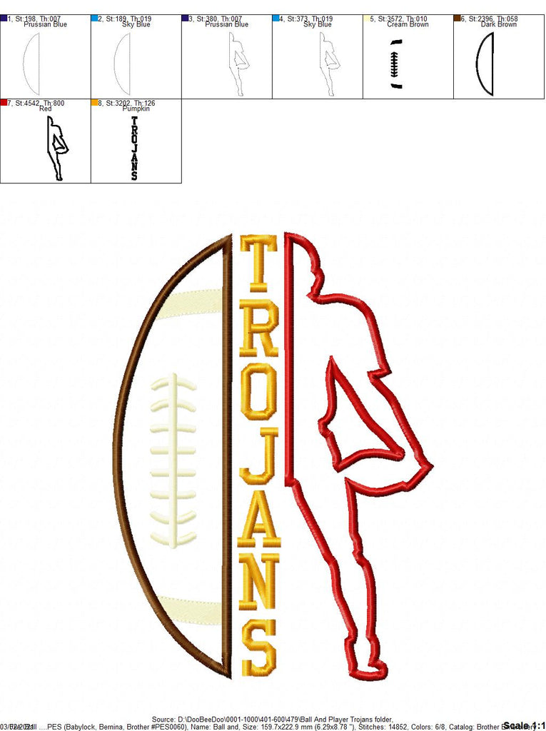 Football Trojans Player and Ball - Applique
