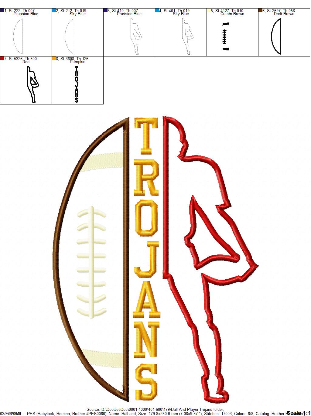 Trojans Football Player Silhouette – Appliqué – Machine Embroidery Design