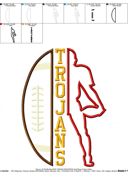 Trojans Football Player Silhouette – Appliqué – Machine Embroidery Design