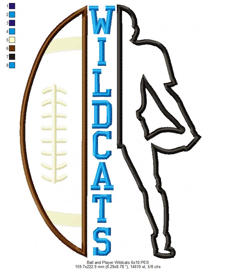 Wildcats Football Player Silhouette – Appliqué – Machine Embroidery Design