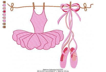 Ballerina Clothesline - Fill Stitch - Machine Embroidery Design