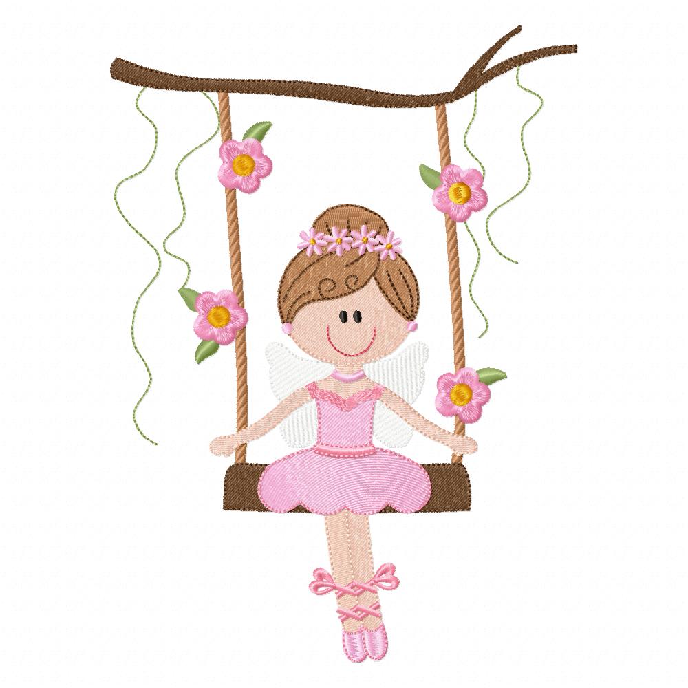 Ballerina Fairy on Garden Swing - Fill Stitch - Machine Embroidery Design