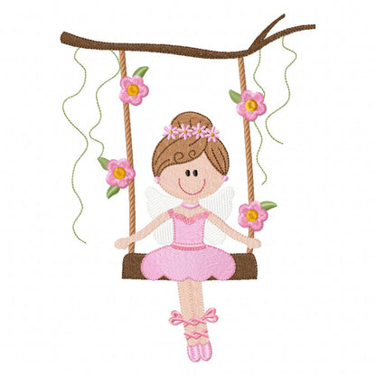 Ballerina Fairy on Garden Swing - Fill Stitch - Machine Embroidery Design