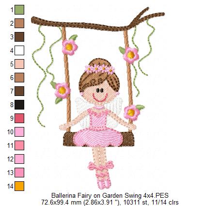 Ballerina Fairy on Garden Swing - Fill Stitch - Machine Embroidery Design