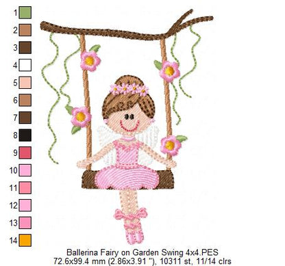 Ballerina Fairy on Garden Swing - Fill Stitch - Machine Embroidery Design