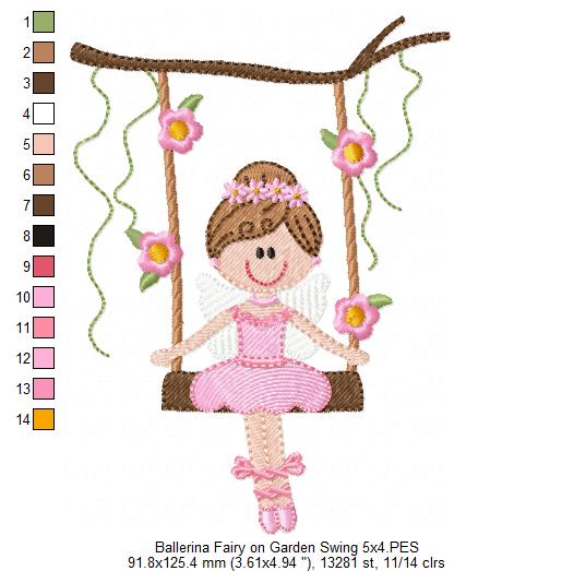 Ballerina Fairy on Garden Swing - Fill Stitch - Machine Embroidery Design