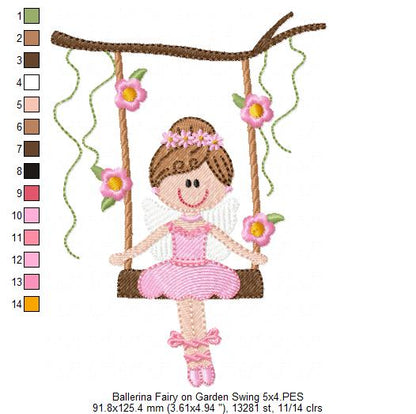 Ballerina Fairy on Garden Swing - Fill Stitch - Machine Embroidery Design