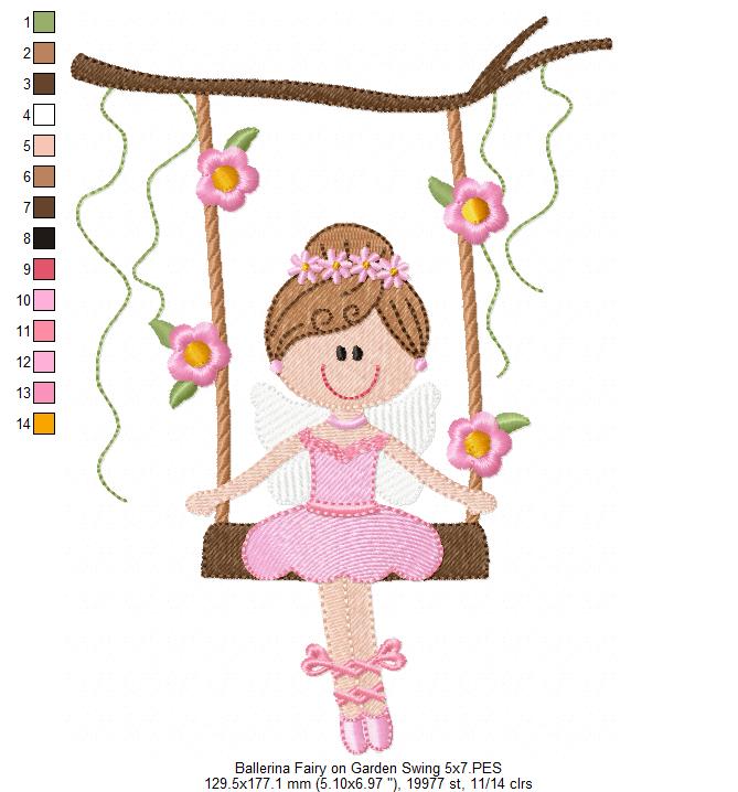 Ballerina Fairy on Garden Swing - Fill Stitch - Machine Embroidery Design