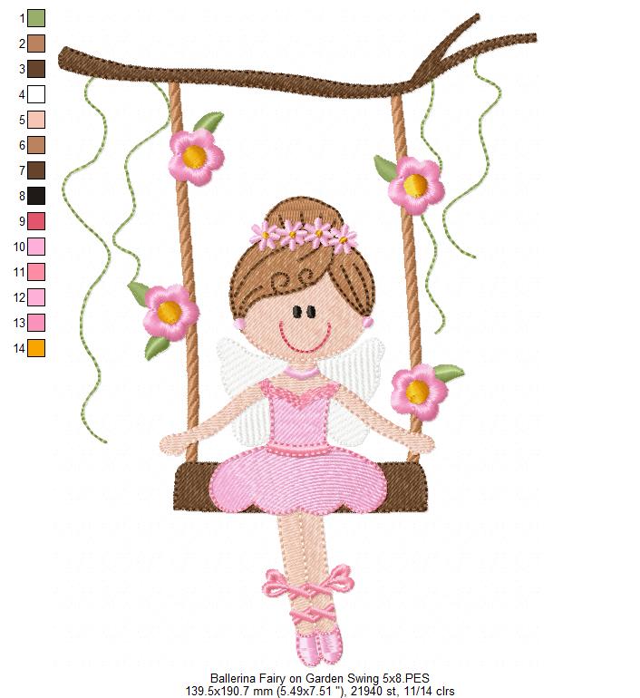 Ballerina Fairy on Garden Swing - Fill Stitch - Machine Embroidery Design