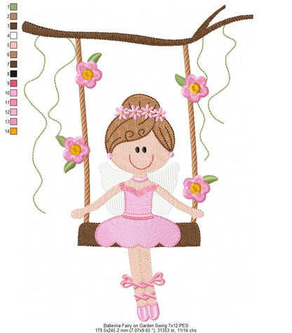 Ballerina Fairy on Garden Swing - Fill Stitch - Machine Embroidery Design