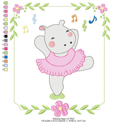 Ballerina Hippo Girl Dancing - Fill Stitch