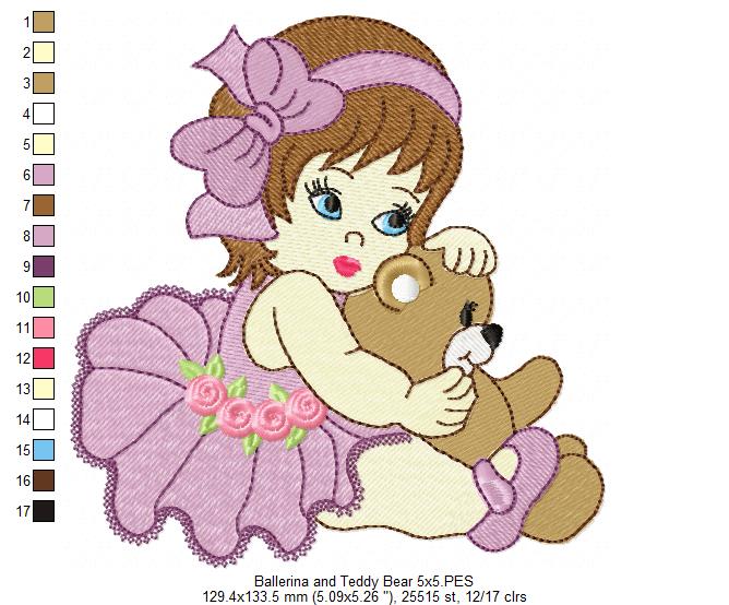 Ballerina and Teddy Bear - Fill Stitch - Machine Embroidery Design