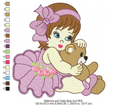 Ballerina and Teddy Bear - Fill Stitch - Machine Embroidery Design