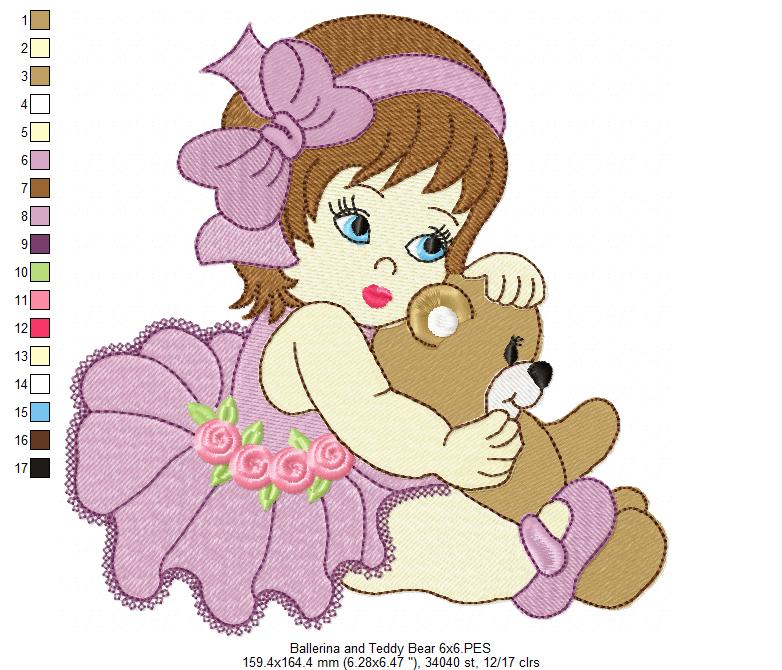 Ballerina and Teddy Bear - Fill Stitch - Machine Embroidery Design
