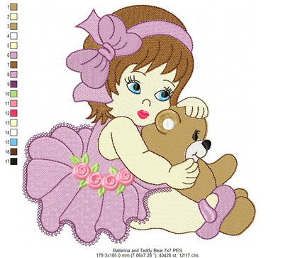 Ballerina and Teddy Bear - Fill Stitch - Machine Embroidery Design
