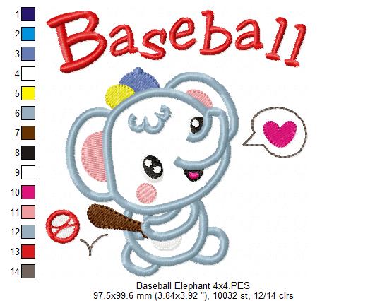 Baseball Elephant - Appliqué - Machine Embroidery Design