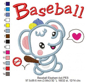 Baseball Elephant - Appliqué - Machine Embroidery Design