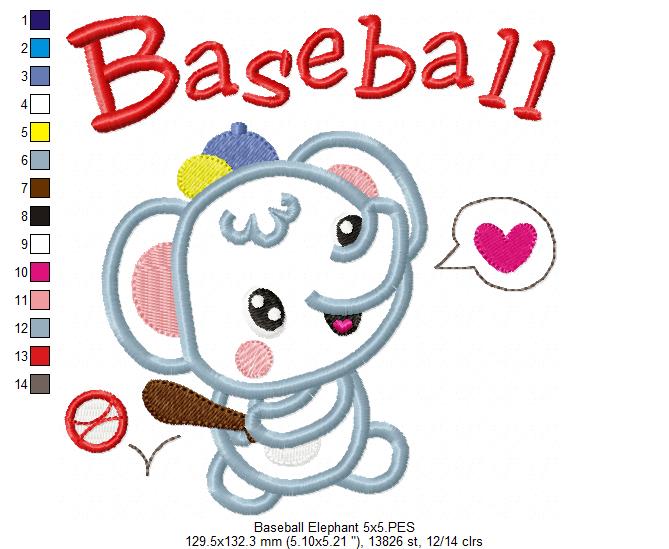 Baseball Elephant - Appliqué - Machine Embroidery Design