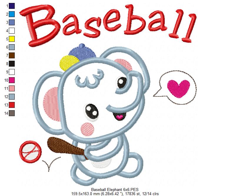 Baseball Elephant - Appliqué - Machine Embroidery Design