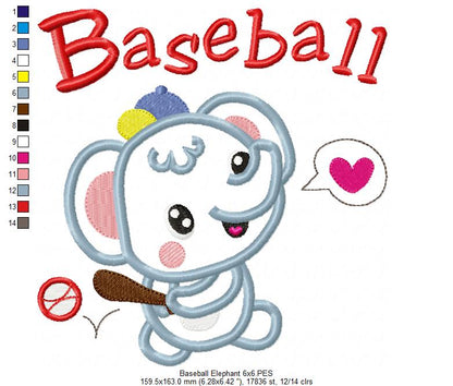 Baseball Elephant - Appliqué - Machine Embroidery Design