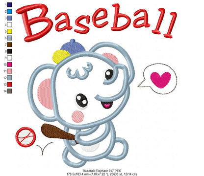 Baseball Elephant - Appliqué - Machine Embroidery Design