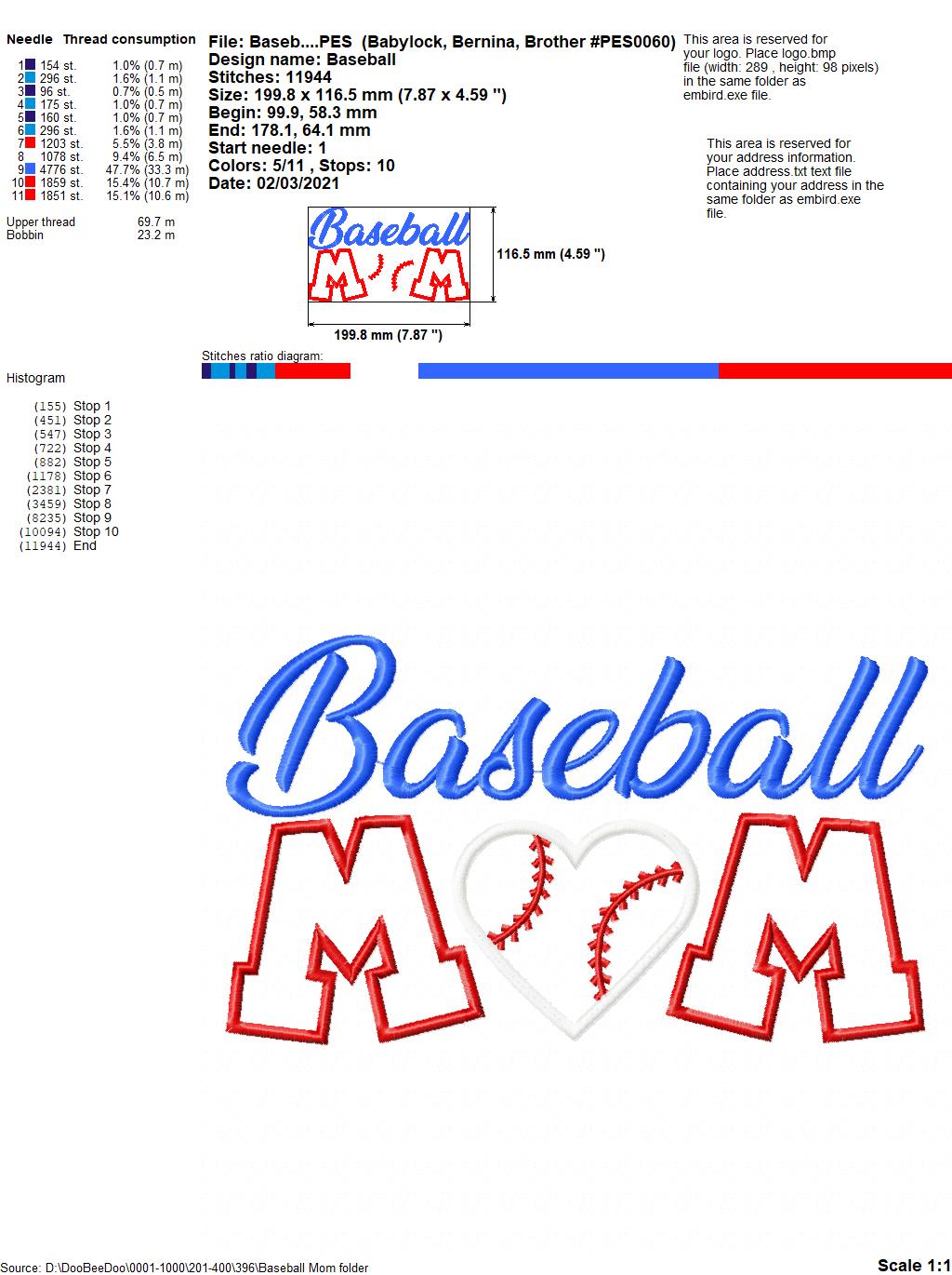 Baseball Mom Heart - Applique