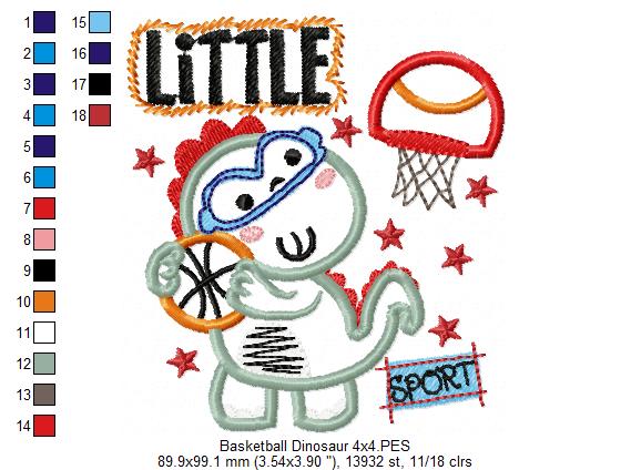 Little Basketball Dinosaur - Appliqué - Machine Embroidery Design