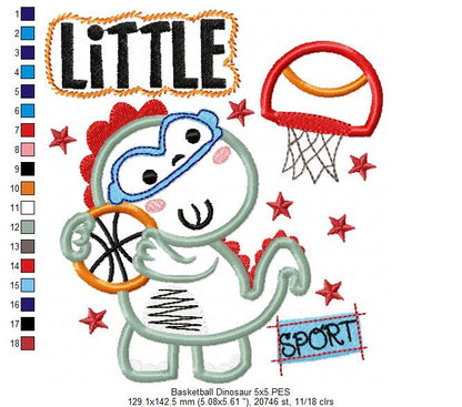 Little Basketball Dinosaur - Appliqué - Machine Embroidery Design